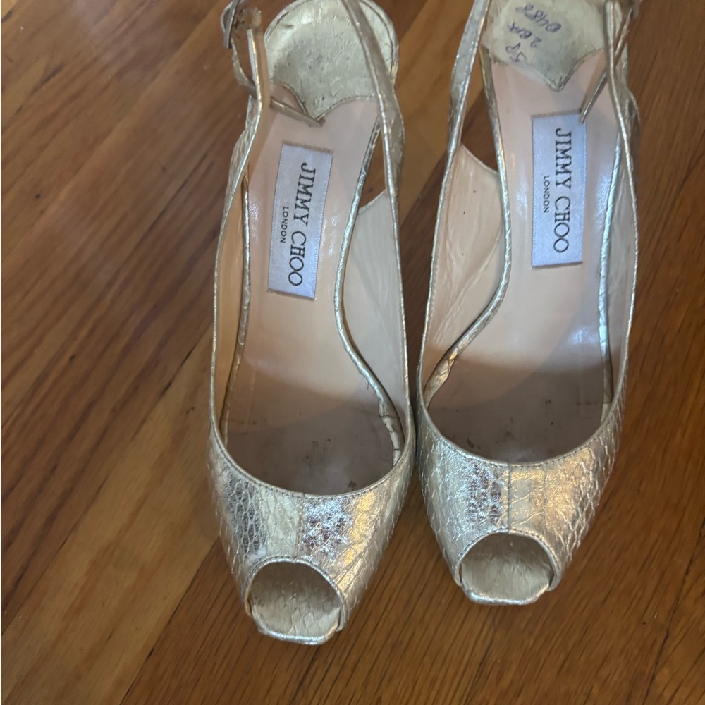 Jimmy Choo Gold Textured Peep-Toe Heels